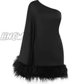 Hnewly Women Sexy Solid Color Single One Shoulder Long Sleeve Backless Feather Plush Patchwork Trim